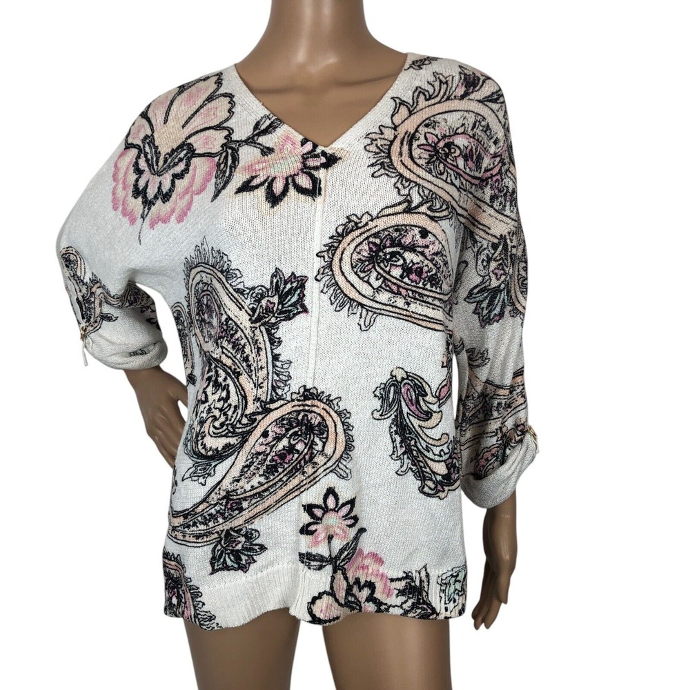 Chicos Floral Paisley Print Knit Sweater VNeck Size 2 / L Multicolor Y2K Grandma